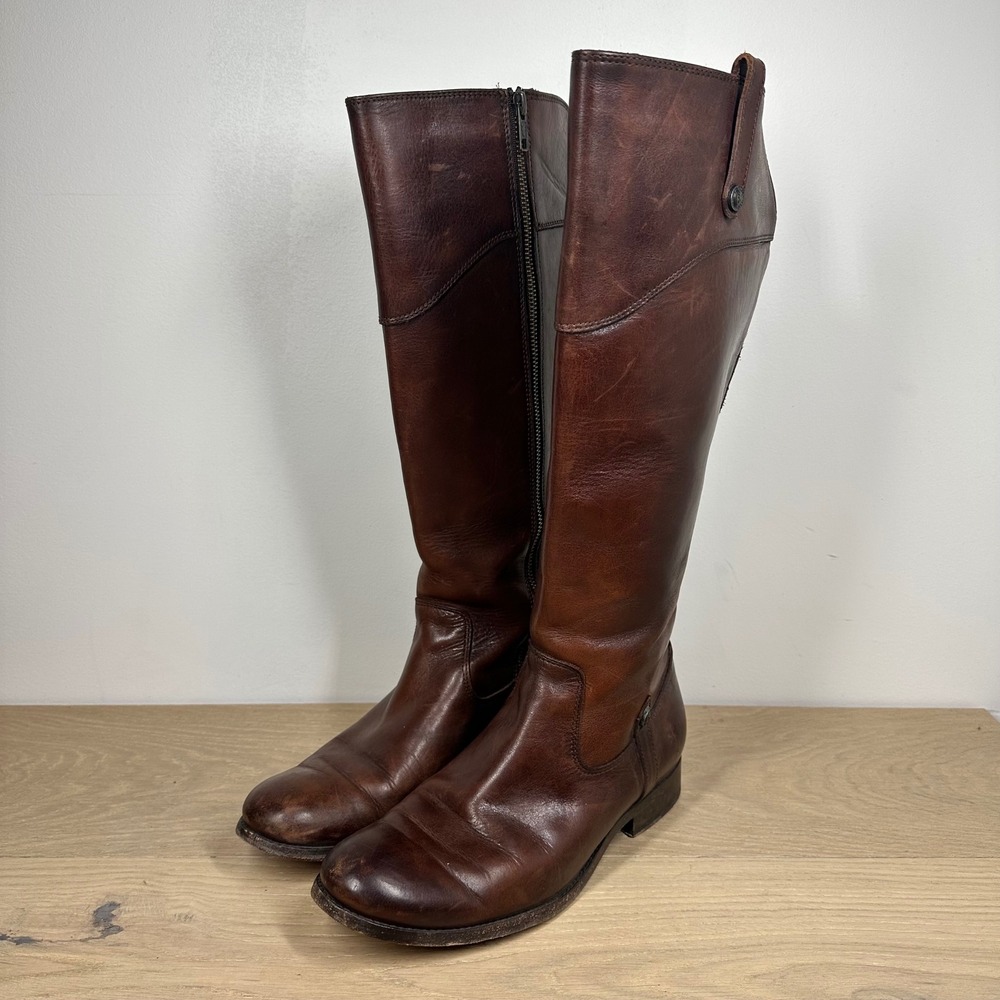 Frye Melissa Button Riding Boots Women 8.5 Brown Leather Tall Zip Equestrian